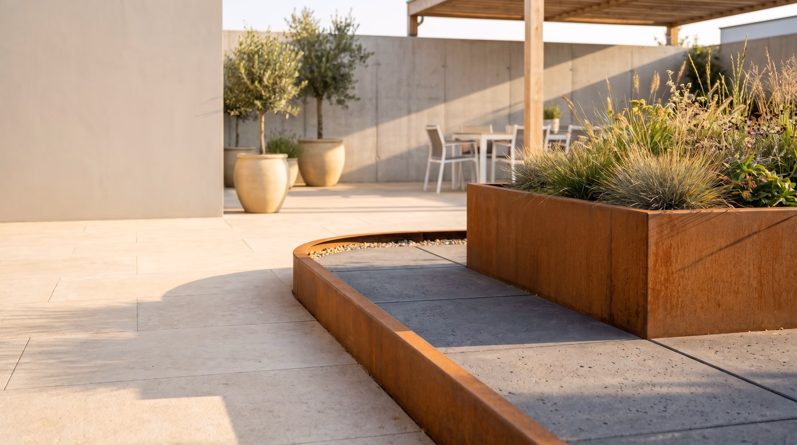 Modern corten steel raised garden bed and metal garden edging by Baiet Metal